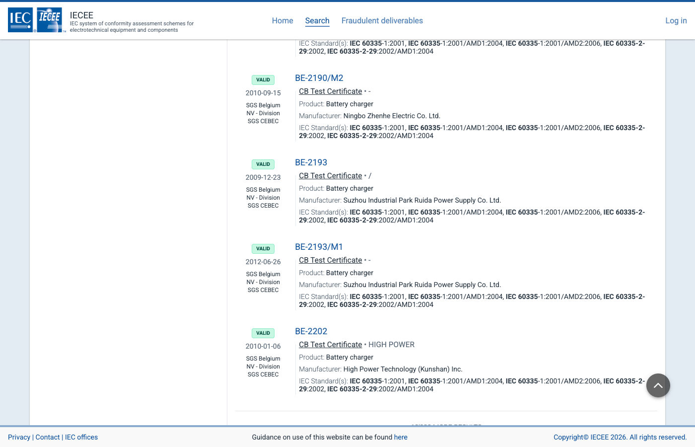 IECEE CB Scheme results scrolled down. Certificates from Chinese battery charger manufacturers such as Ningbo Zhenhe Electric, Suzhou Industrial Park Ruida Power Supply, and High Power Technology (Kunshan) are shown