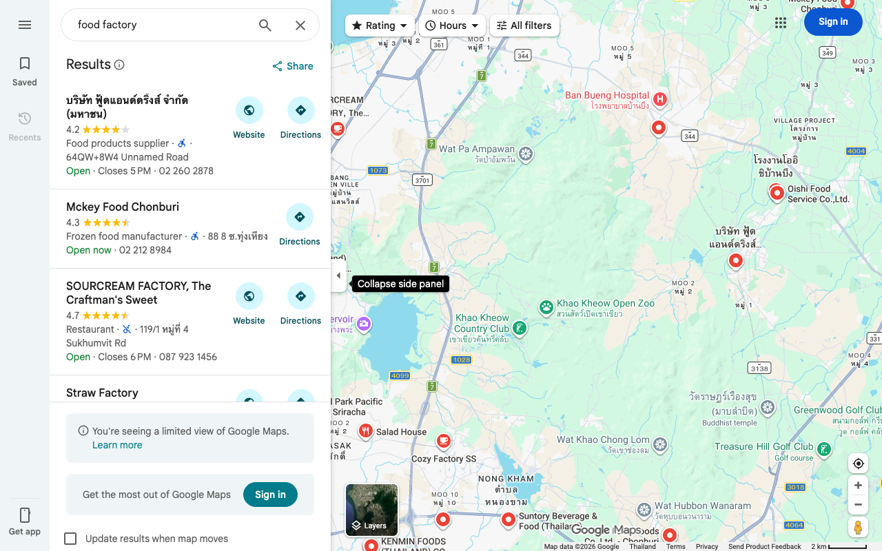 Example of searching around Amata Nakorn Industrial Estate on Google Maps