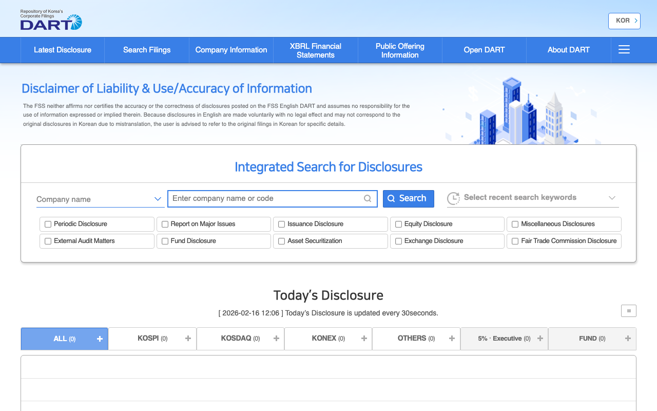 South Korea's Financial Supervisory Service DART — Search corporate disclosures through an English-language interface. Unusually comprehensive English support for an Asian government database