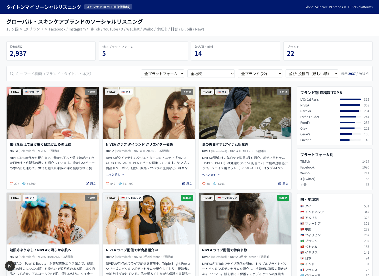 スキンケアブランド公式SNS分析ダッシュボードのデモ画面