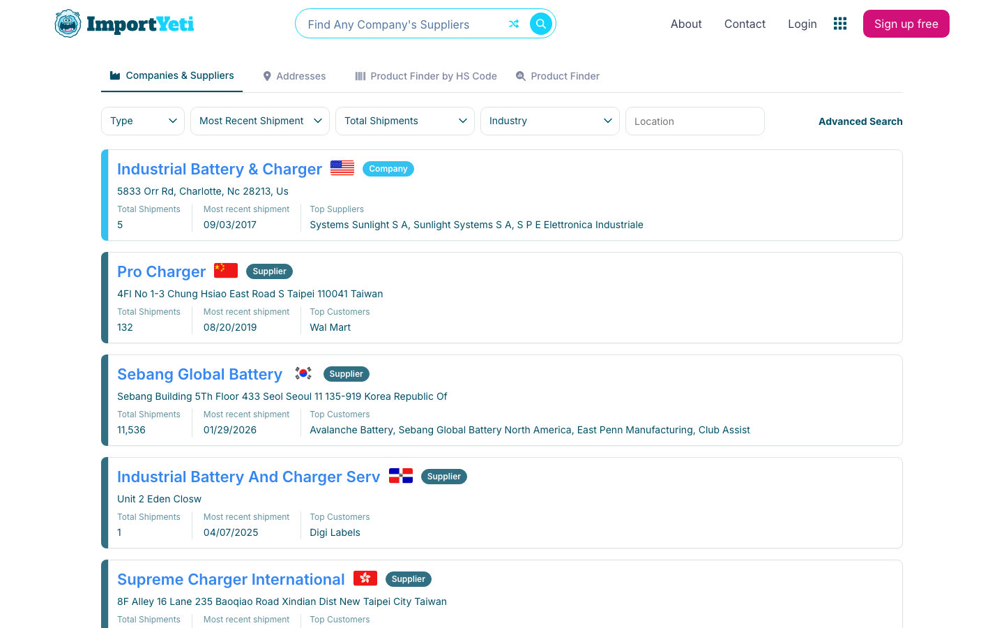 ImportYetiで「battery charger」を検索した結果。関連企業が出荷回数・取引先とともに表示される