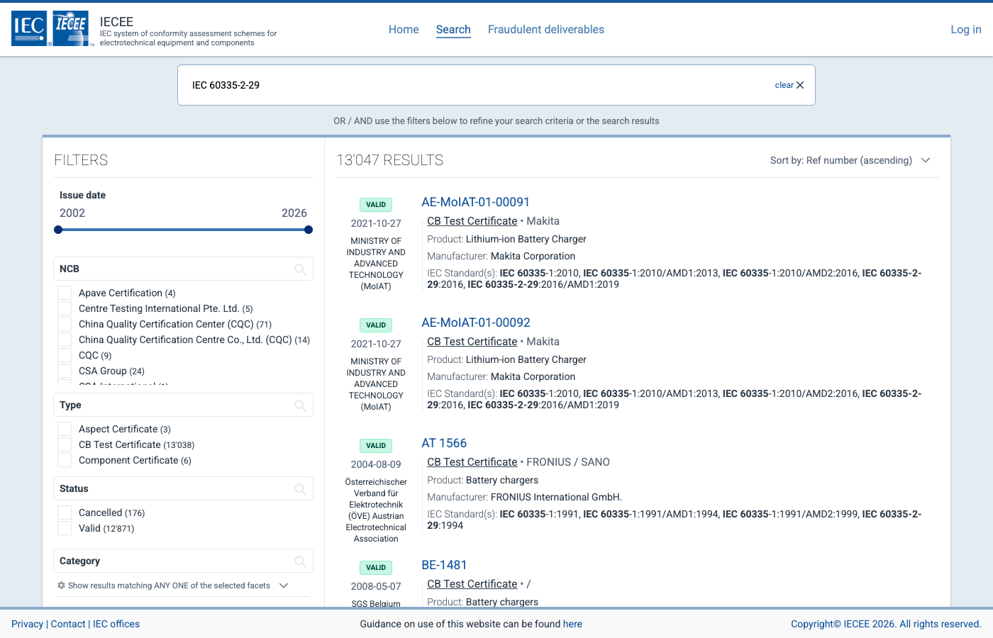 IECEE CB Schemeで「IEC 60335-2-29」を検索した結果。左側にフィルター(NCB、Type、Status、Category、Scopes)、右側に13,047件の検索結果が表示されている