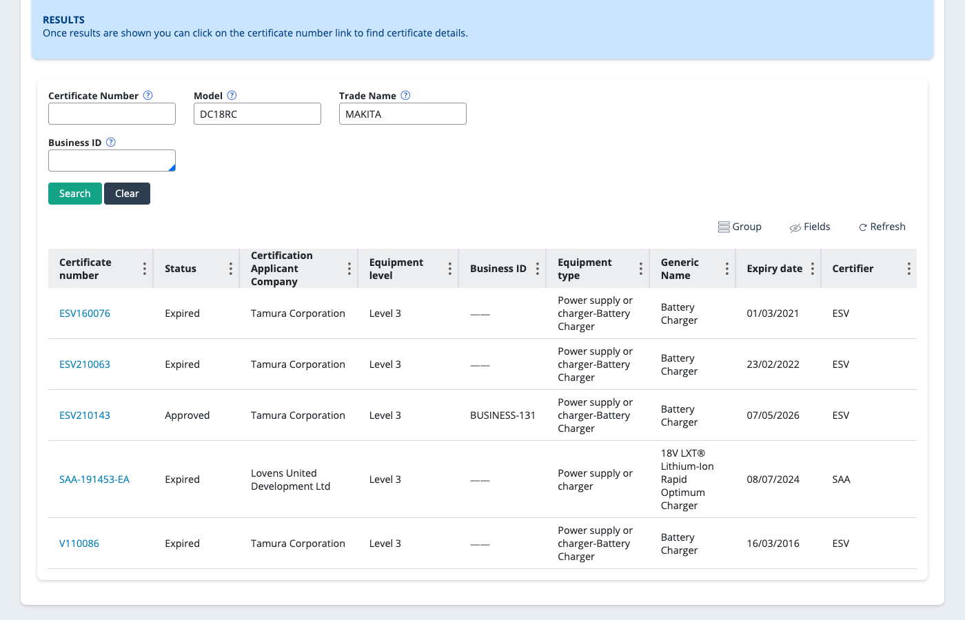 Advanced SearchでModel「DC18RC」Trade Name「MAKITA」を検索した結果。Certification Applicant CompanyにTamura Corporationが並ぶ