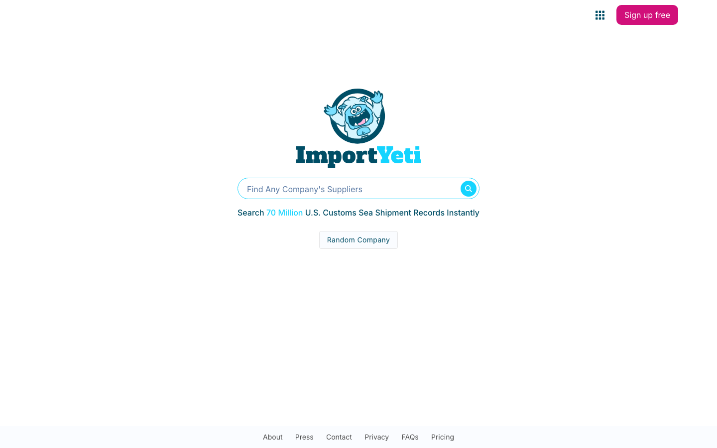 ImportYetiのトップページ。7,000万件の米国通関データを無料で検索できる