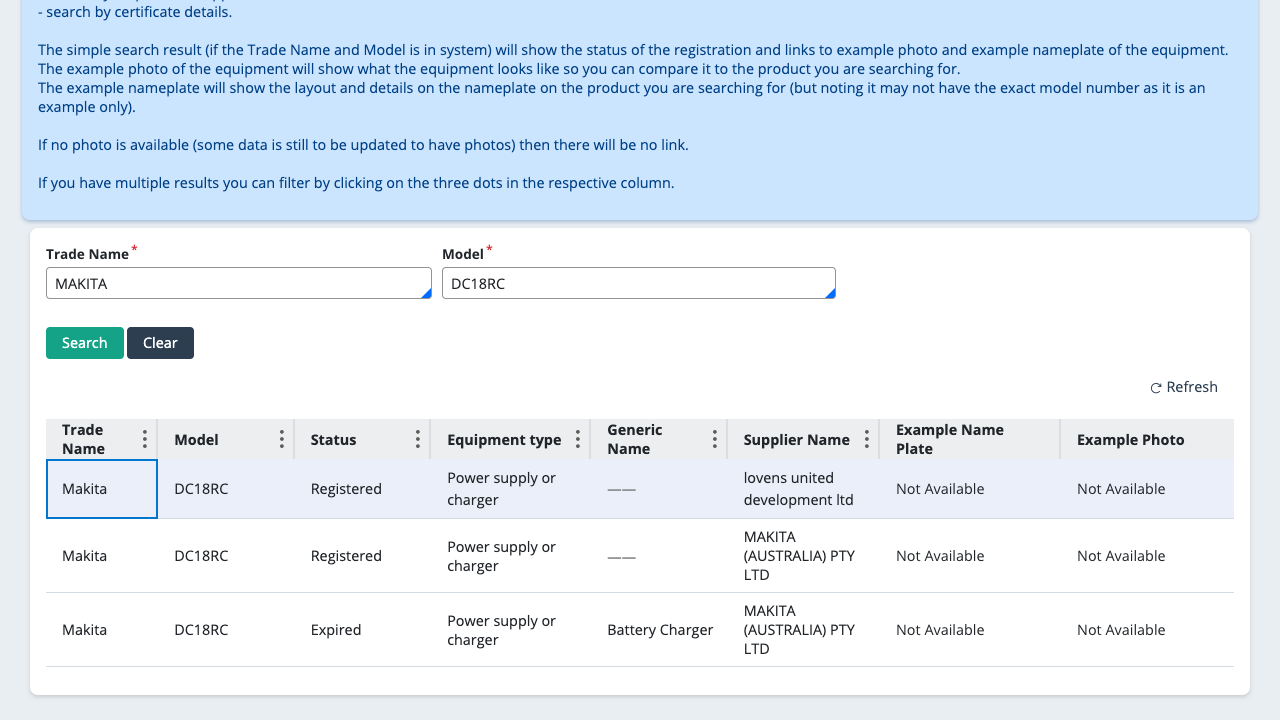 Simple Searchの結果。Supplier Nameには「lovens united development ltd」と「MAKITA (AUSTRALIA) PTY LTD」が表示され、Tamura Corporationは出てこない