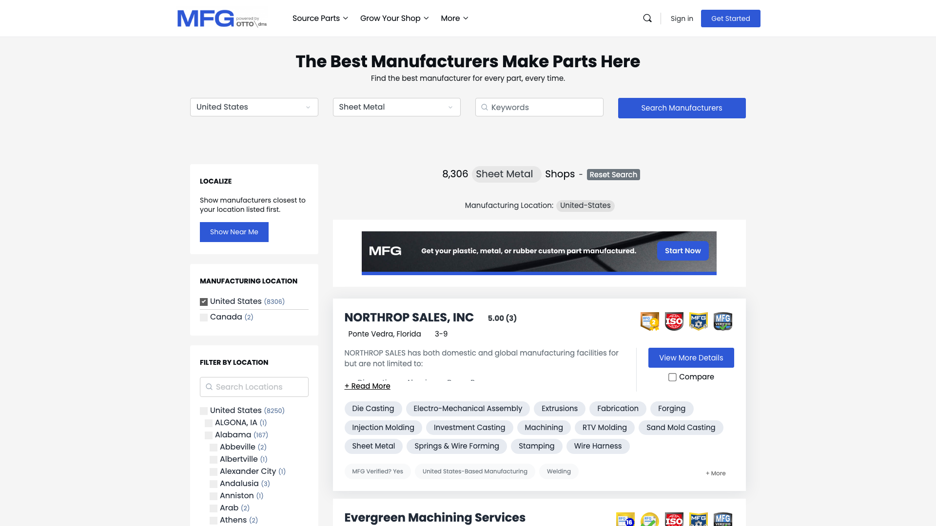 MFG.com — 米国の製造業マッチングプラットフォーム。Sheet Metalカテゴリで8,300社以上が登録されている